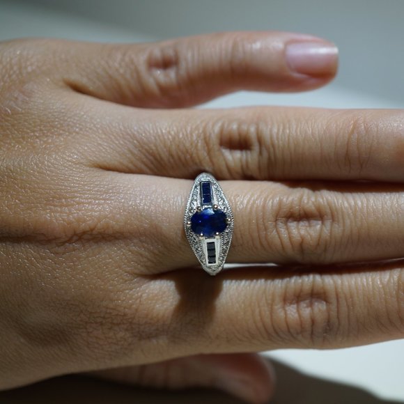 14KW Gold Genuine Blue Sapphire & Diamond Ring - Picture 9 of 9